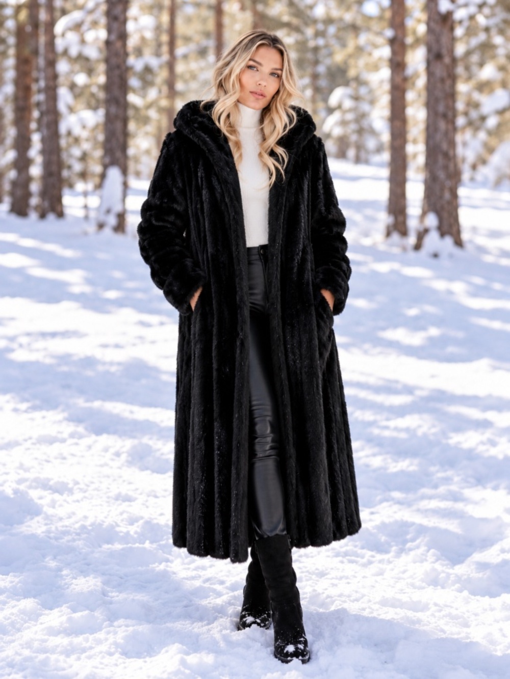 Donna Salyers Fabulous Furs Vintage Black Faux Mink Hooded Full Length Coat L